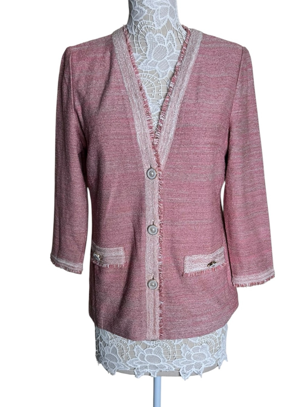 MISOOK Pink Fringe Trim Tweed Cardigan Blazer Jacket womens size Large Pearl
